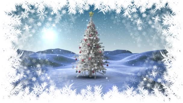 Ψηφιακός Σύνθετος Των Συνόρων Νιφάδα Χιονιού Χριστουγεννιάτικο Δέντρο Στο Χειμερινό — Αρχείο Βίντεο