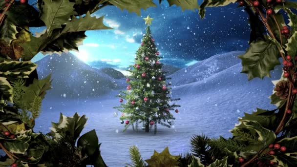 雪中圣诞树与冬青边框的数字复合 — 图库视频影像