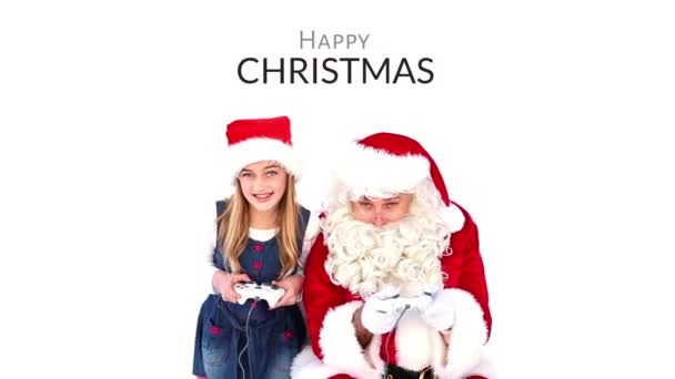 Digital Composite Happy Christmas Text Santa Playing Computer Game Console — Stock Video