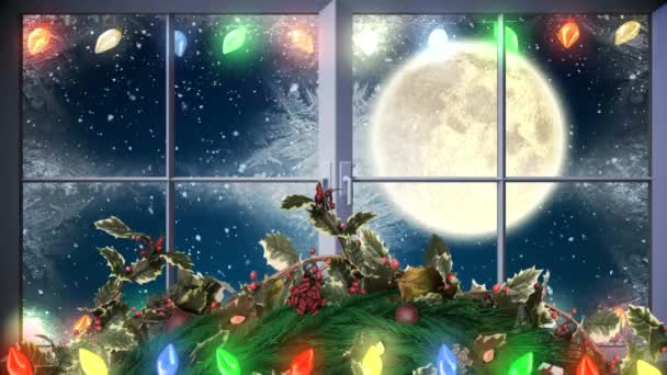 Compuesto Digital Santa Renos Fuera Ventana Con Luces Navidad — Vídeos de Stock