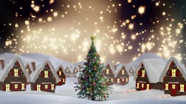 圣诞节村庄的数字合成与天空中的魔法灯 — 图库视频影像