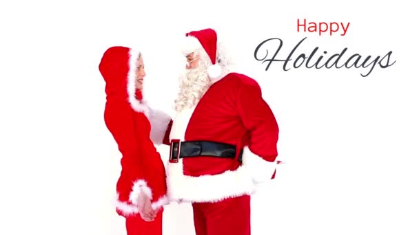 Composto Digital Happy Holidays Texto Papai Noel Dando Presente Para — Vídeo de Stock