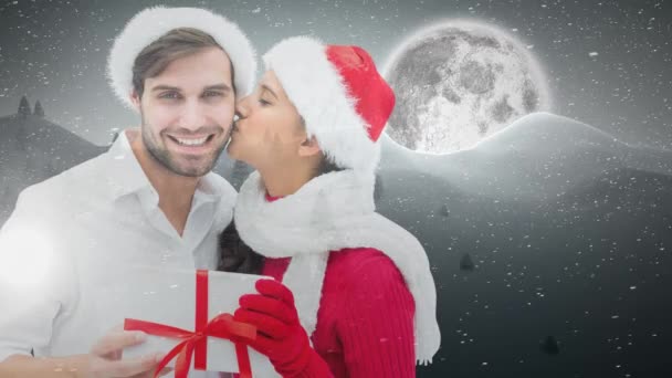 Compuesto Digital Navidad Pareja Invierno Con Bosque Luna Regalo — Vídeos de Stock