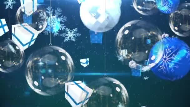 Compuesto Digital Bolas Navidad Regalos Copos Nieve Que Caen — Vídeo de stock