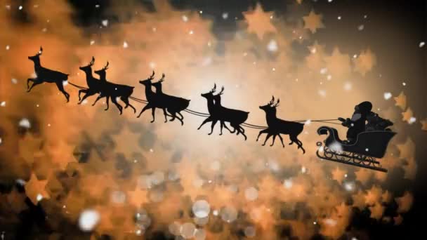 圣诞老人剪影的数字复合在雪橇与驯鹿飞行与神奇的星星 — 图库视频影像
