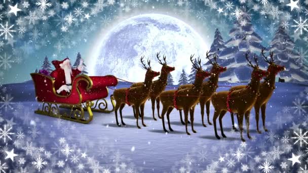 Digital Composite Santa Reindeer Sleigh Winter Landscape Snowflakes — Stock Video