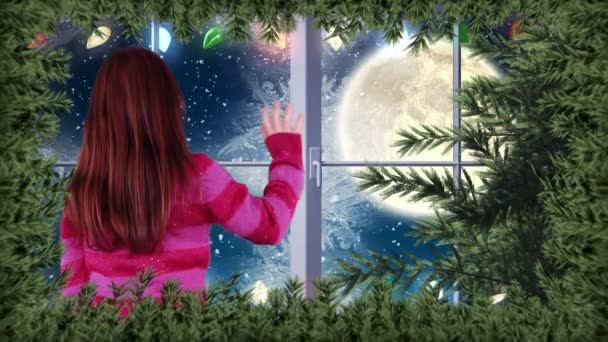 Composito Digitale Ragazza Che Saluta Babbo Natale Slitta Renna Fuori — Video Stock