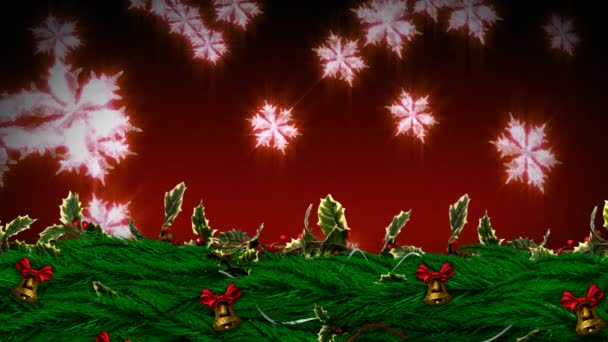 立ち下がり雪とクリスマスのヒイラギ花輪のデジタル合成 — ストック動画