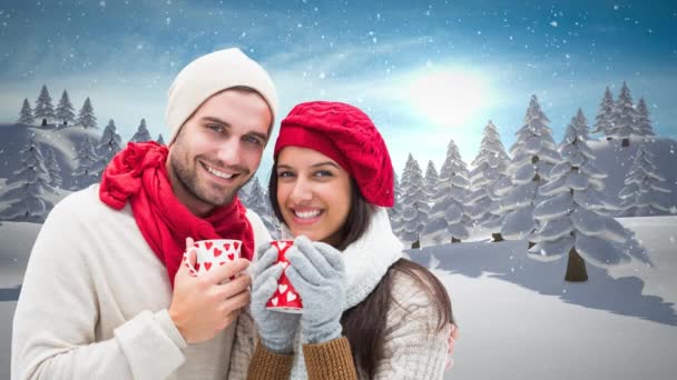冬季情侣饮用杯子的数字复合圣诞节冬雪 — 图库视频影像