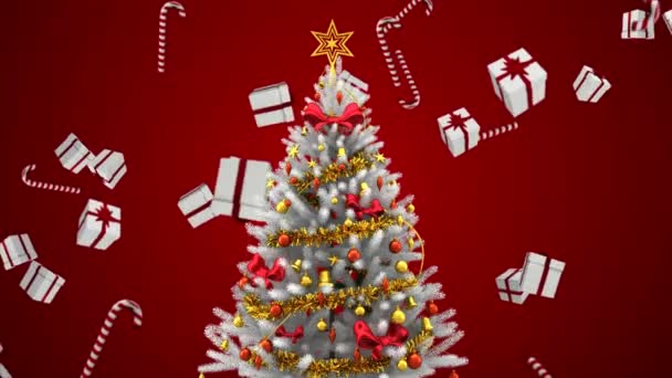 Digital Composite Christmas Tree Falling Christmas Gifts Candy — Stock Video