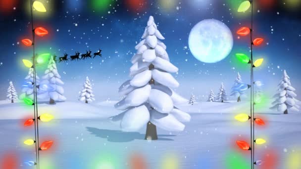 Santa Dijital Bileşik Kızak Kış Manzara Içinde Noel Işıkları Ile — Stok video