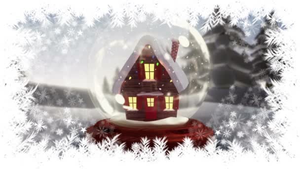 Karácsonyi Hópihe Határ Snow Globe House Digitális Kompozit — Stock videók