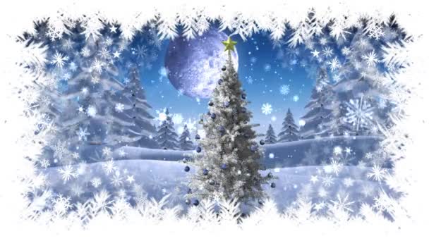 サンタの飛行と冬景色のクリスマス ツリーとクリスマス雪の罫線のデジタル合成 — ストック動画