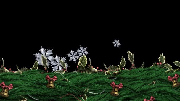 Digitale Composiet Van Kerstmis Holly Krans Met Sneeuwvlokken Vallen — Stockvideo