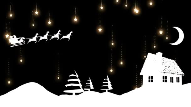 数字复合的圣诞老人剪影飞行的雪景观与坠落的星星 — 图库视频影像