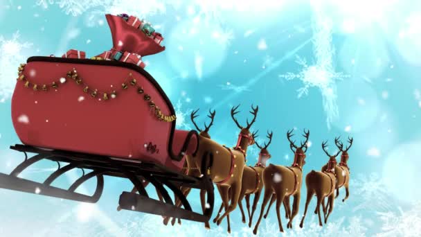 Digital Composite Santa Sleigh Reindeer Flying Snowflakes — Stock Video