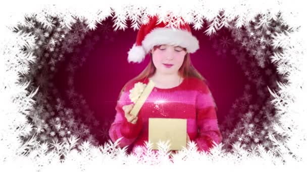 Digital Composite Santa Girl Opening Gift Snowflake Border — Stock Video