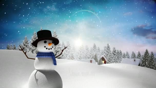 Digitales Zusammenspiel Von Schneemann Mit Weihnachtlicher Winterlandschaft — Stockvideo