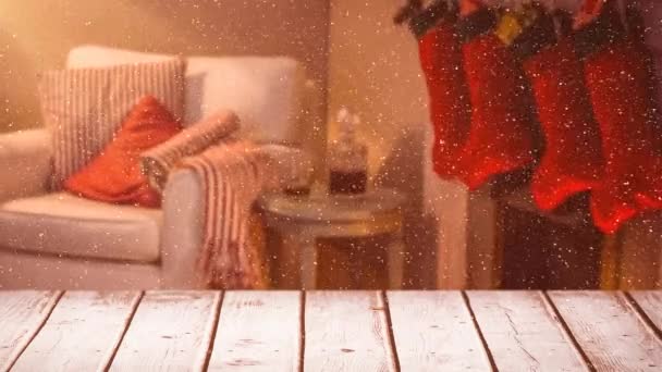 Composito Digitale Sfondo Sfocato Soggiorno Decorato Natale Combinato Con Neve — Video Stock