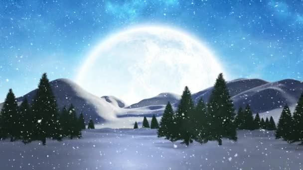 Digitales Zusammenspiel Der Winterlandschaft Mit Vollmond Und Fallendem Schnee — Stockvideo