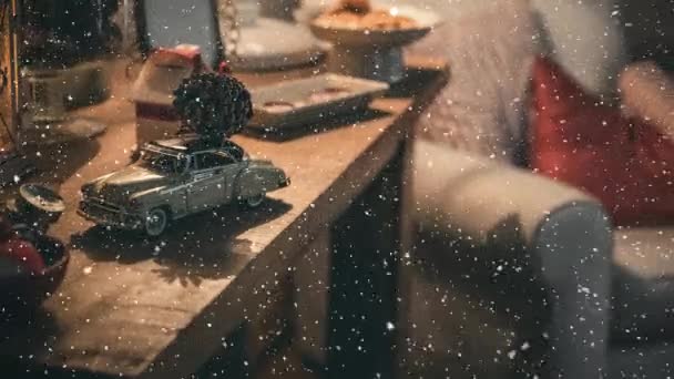 Noel Dekorasyonu Ile Oturma Odası Dijital Bileşik Yağan Kar Ile — Stok video