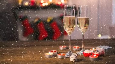 Yükseliyor kar Noel şampanya flüt ile dijital bileşik