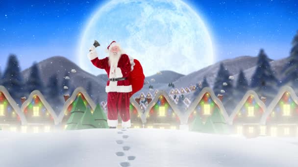 Composto Digital Santa Cláusula Frente Casas Decoradas Cenário Inverno Combinado — Vídeo de Stock