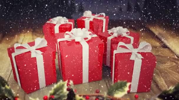 Compuesto Digital Nieve Cayendo Con Regalos Navidad — Vídeos de Stock