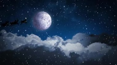 Geceleri bulutlar üzerinde santa kızak üzerinde düşen kar ile Video kompozisyon dijital bileşik
