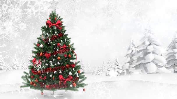 Digital composite of Christmas tree in winter scenery and falling snow — Stock Footage Digital Composite Christmas Tree Winter Scenery Falling Snow Video Clip
