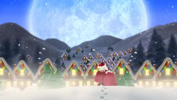 Digital Composite Santa Clause Front Decorated Houses Combined Falling Snow — Stock Video