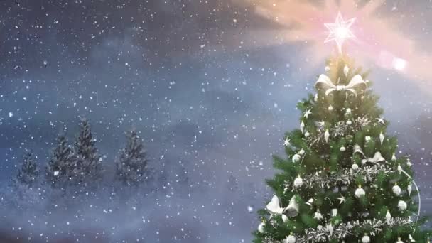 冬の風景と雪が降るクリスマス ツリーのデジタル合成 — ストック動画