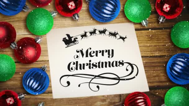 Digital Composite Falling Snow Merry Christmas Text Note Bauble Decorations — Stock Video