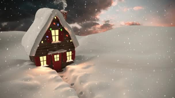 录影构成与雪在冬天风景与房子在晚上 — 图库视频影像