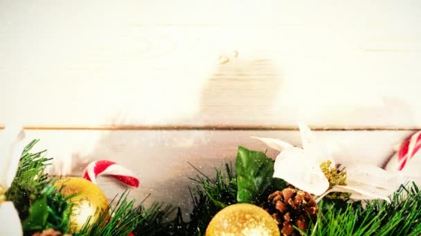 Composto Digital Decoração Natal Madeira Combinada Com Neve Caindo — Vídeo de Stock