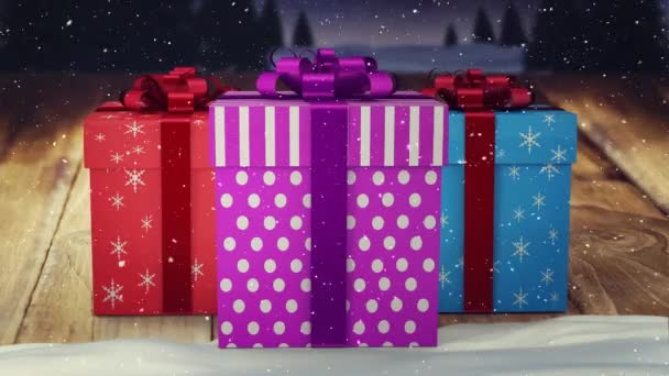 数字复合落雪与圣诞礼物 — 图库视频影像
