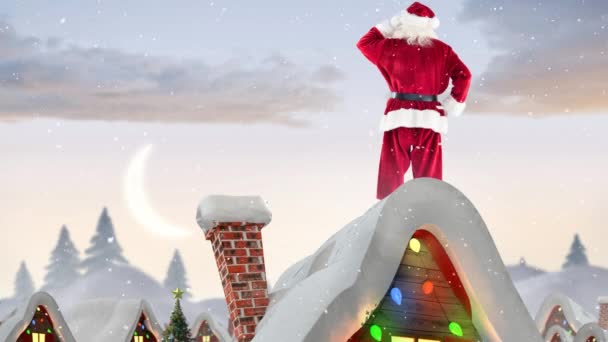 Noel Baba Kış Manzarası Dekore Edilmiş Bir Evde Bir Çatı — Stok video