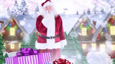 Noel Baba bir şekilde dekore edilmiş evlerde kış manzarası önünde dijital bileşik yağan kar ile kombine