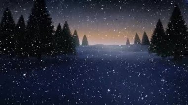 Çam ağaçları ve düşen kar kış manzara dijital bileşik