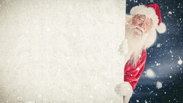 Digital Composite Santa Clause Holding Sign Combined Falling Snow — Stock Video