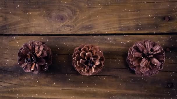 クリスマス パイン コーン装飾木材に降る雪のデジタル合成 — ストック動画