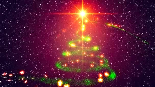 Digital Composite Falling Snow Christmas Tree Shining — Stock Video