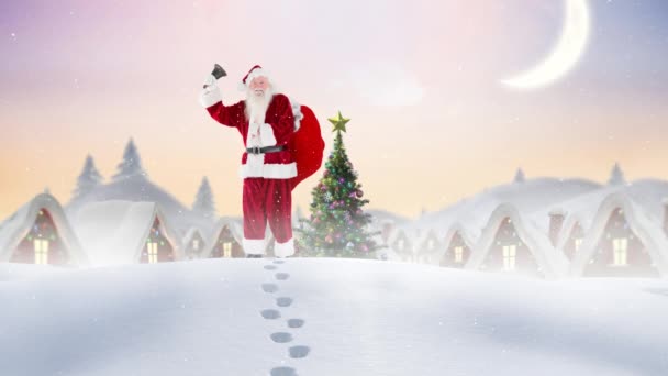 圣诞老人条款的数字组合在冬季的风景中敲响警钟 再加上飘落的雪 — 图库视频影像