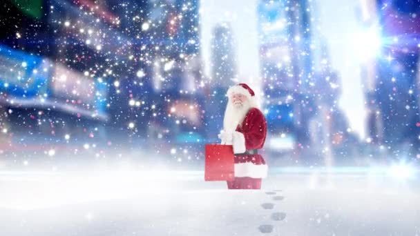 Цифровая Композиция Санта Клауса Идущего Большому Снегу Сочетании Падающим Снегом — стоковое видео