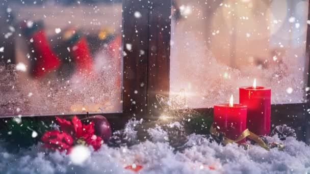 Digital Composite Candles Christmas Decoration Window Combined Falling Snow — Stock Video