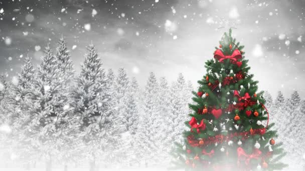 Compuesto Digital Árbol Navidad Paisajes Invernales Nieve Que Cae — Vídeos de Stock