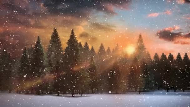 Digital Composite Winter Scenery Sunset Falling Snow — Stock Video