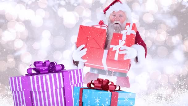 Compuesto Digital Santa Claus Con Regalos Navidad Combinados Con Nieve — Vídeo de stock