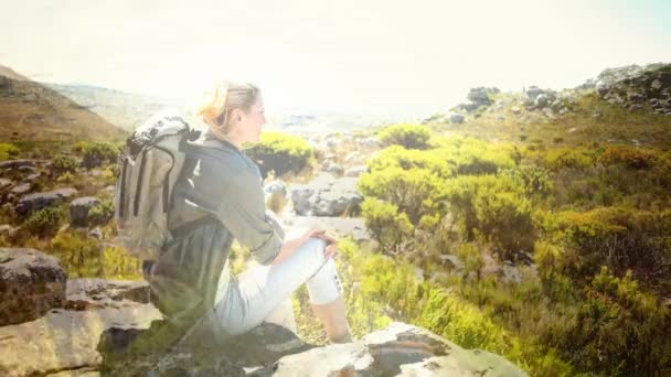 Digitales Zusammenspiel Von Frauenwanderungen Mit Naturübergang — Stockvideo