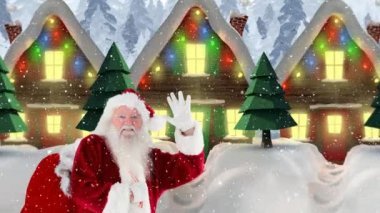 Noel Baba yağan kar ile kombine bir şekilde dekore edilmiş evler önünde dijital bileşik